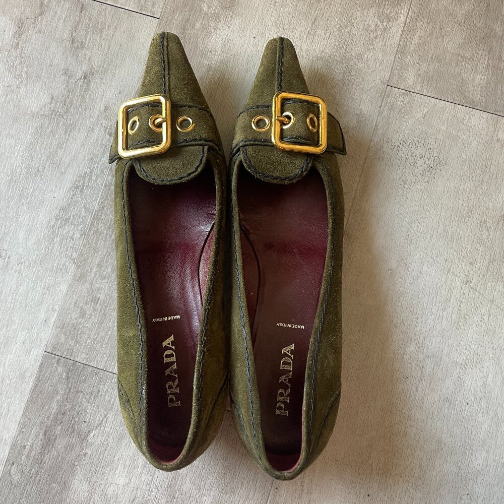 Prada Green Suede Gold Buckle Kitten Heel Mules.